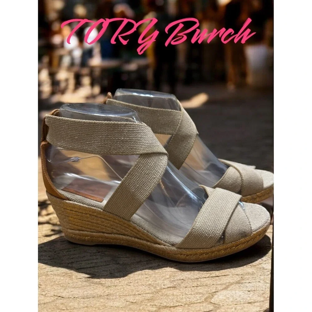 🤑Tory Burch🤎 Espidril Peeptoe Wedge‎ Platform. Strappy Sandals Size 7$150